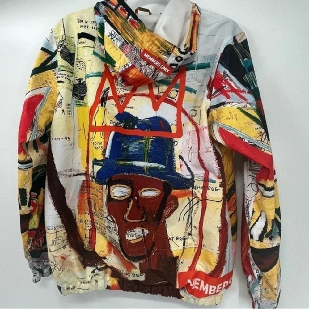 Members Only x Basquiat Jacket Mens Small Black Windbreaker Jean-Michel Art‎ EUC